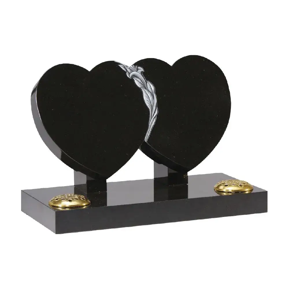 All Polished Black Double Heart with Hand Carved Flower